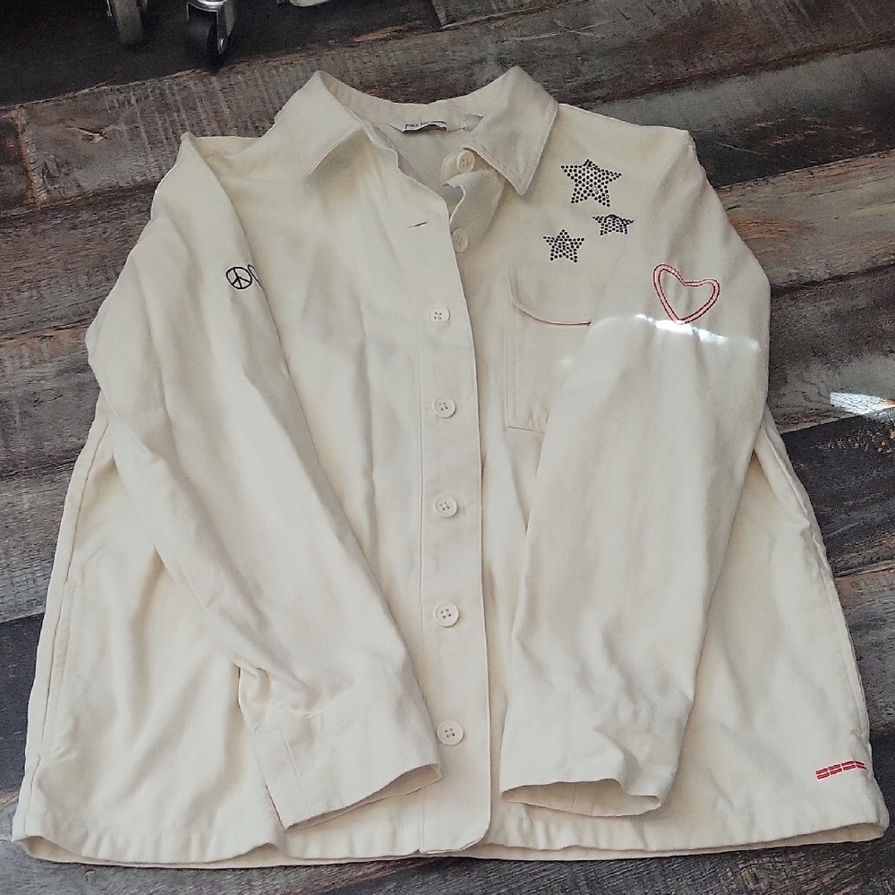 Peace Love World Cream Button-Front Jacket with Embroidered Stars & Heart